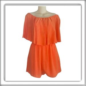 Alice + Olivia Alivia Tangerine Off Shoulder Smocked Romper Ruffle Pocket Size 6